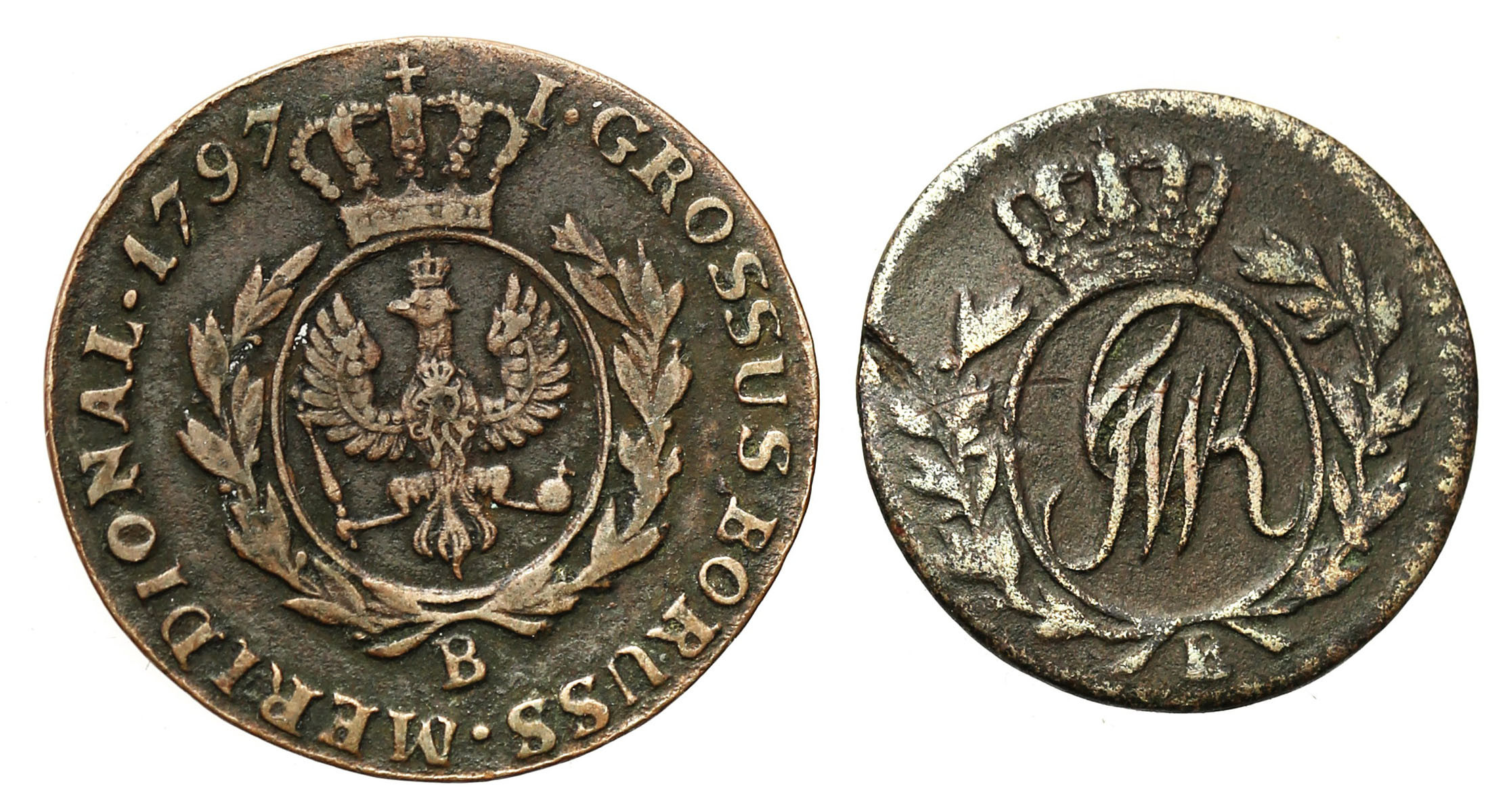 Zabór pruski, Prusy Południowe. Fryderyk Wilhelm II. Półgrosz, grosz 1797 B, Wrocław, zestaw 2 monet